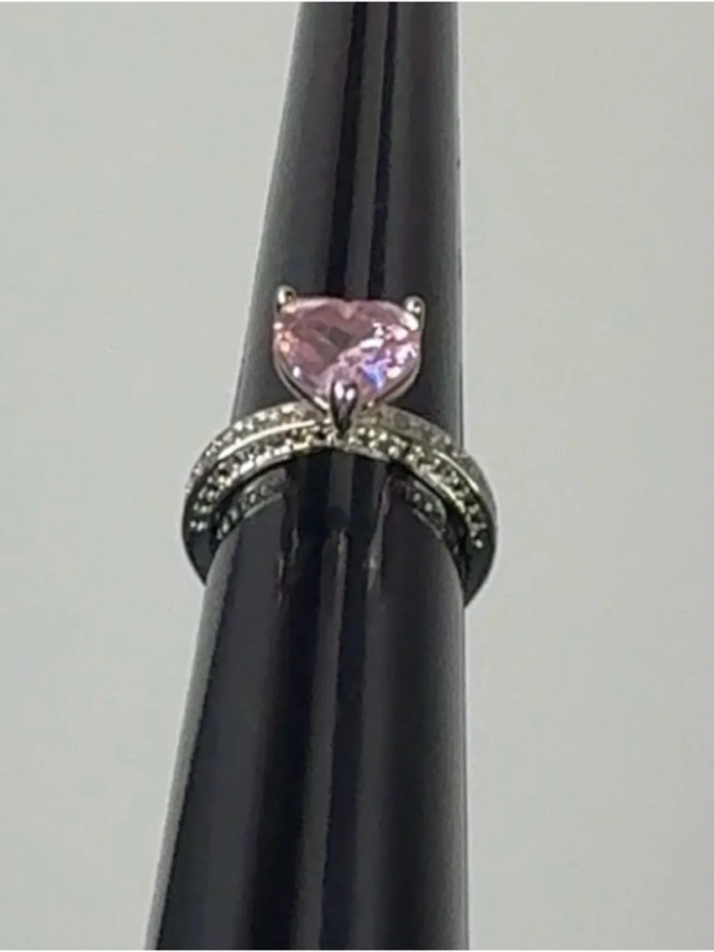Pink Heart AAA CZ Solitaire Pave Accent Ring Silver Plated Size 7.5 New